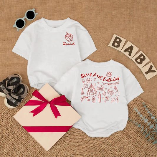 Personalized Berry First Birthday Baby Romper – Custom Strawberry Bodysuit for Baby Girl’s 1st Birthday – Cute Short Sleeve Outfit for Baby Girl