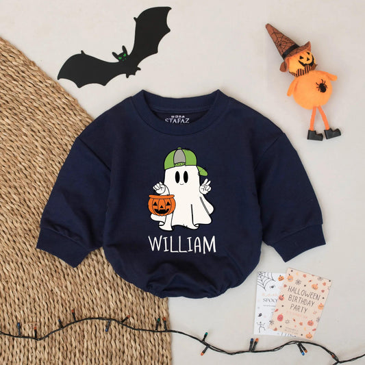 Personalized Ghost Romper: William's First Halloween! Cute Spooky Baby Outfit with Green Hat Pumpkin, Custom Name Bodysuit, Unique Spooky Season Gift