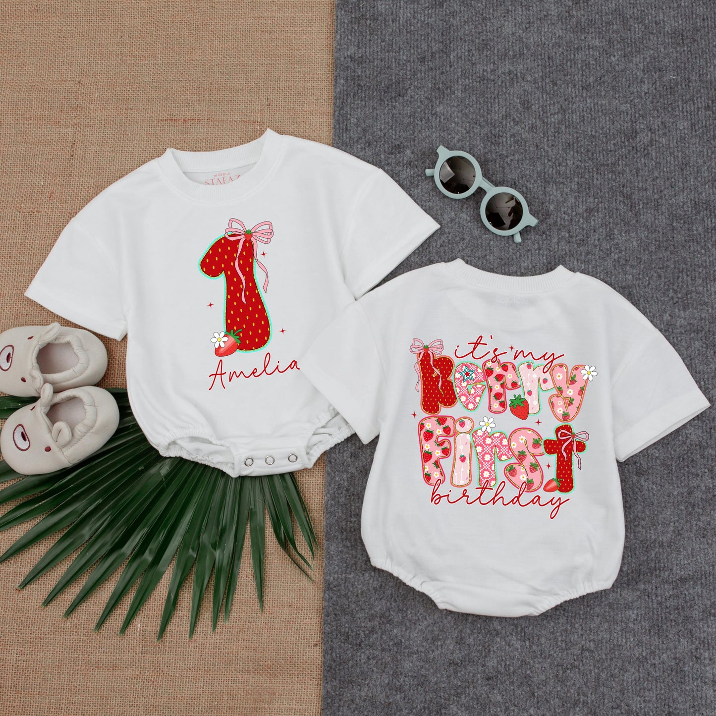 Custom Baby Girl 1st Birthday Strawberry Romper with Name It's My Berry First Birthday Outfit Pink Bow Green Leaf Summer Bubble One Piece Cheerful Celebration