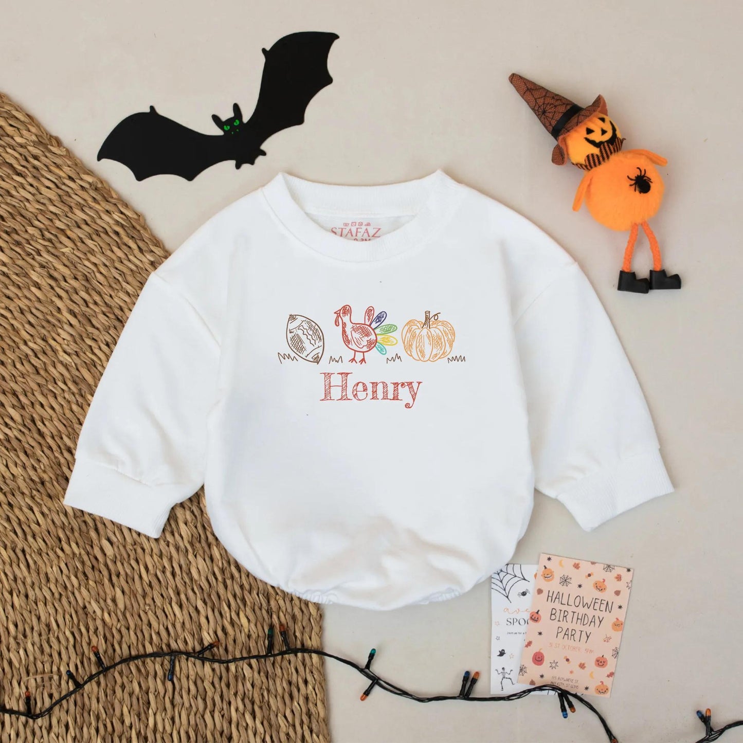 Personalized Thanksgiving Baby Romper Custom Name Turkey Outfit Bodysuit Hand-Drawn Fall Football Pumpkin Design for Girl Boy.