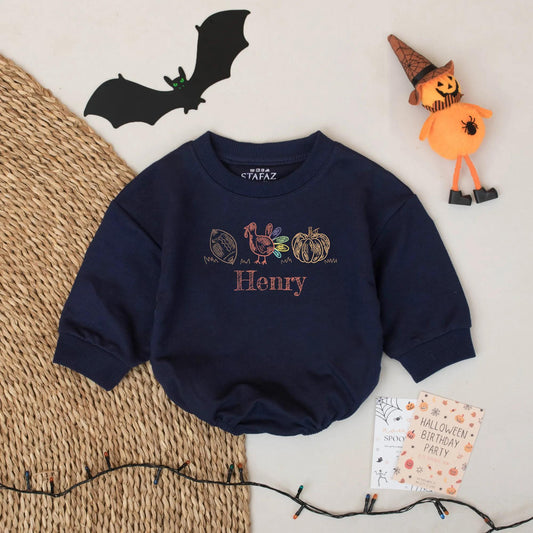 Personalized Thanksgiving Baby Romper Custom Name Turkey Outfit Bodysuit Hand-Drawn Fall Football Pumpkin Design for Girl Boy.