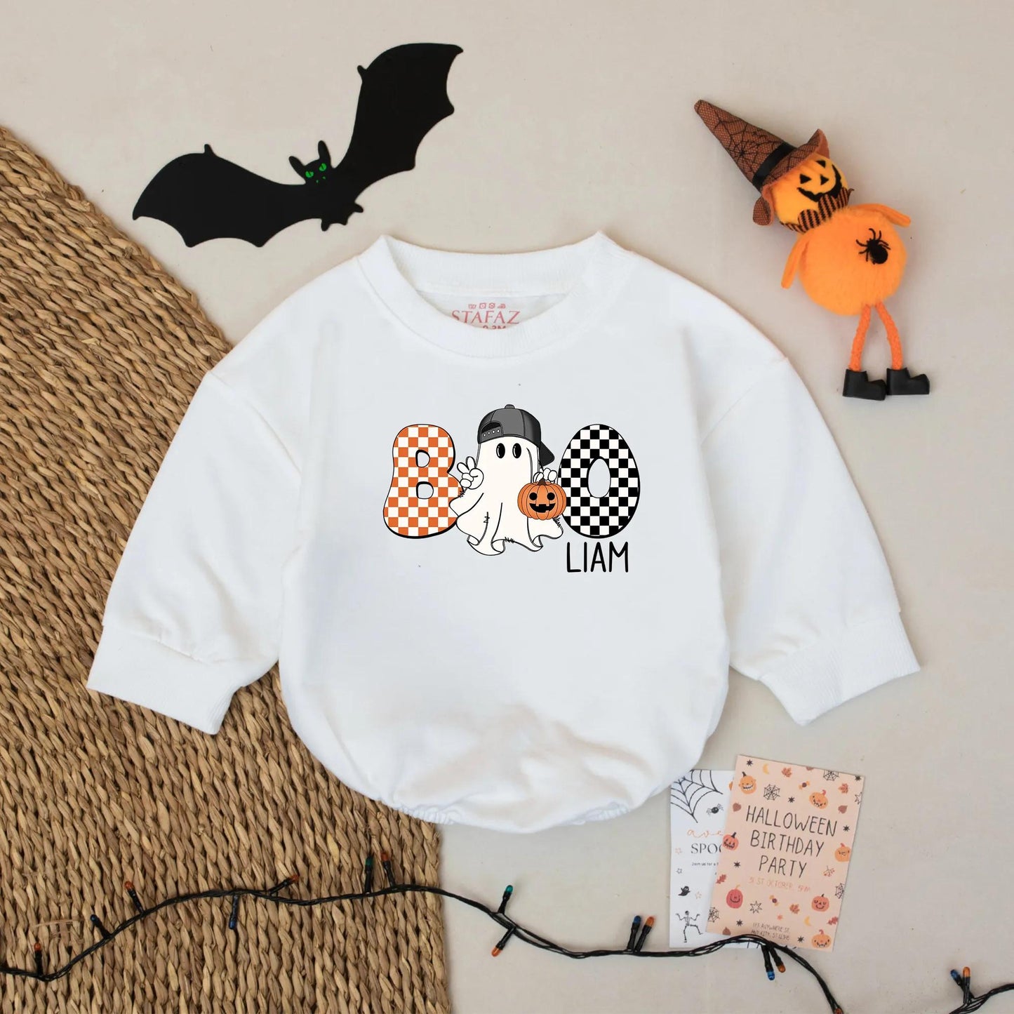 Boo Ghost Bubble Romper Personalized Liam Halloween Outfit Custom Name Fall Baby Bodysuit