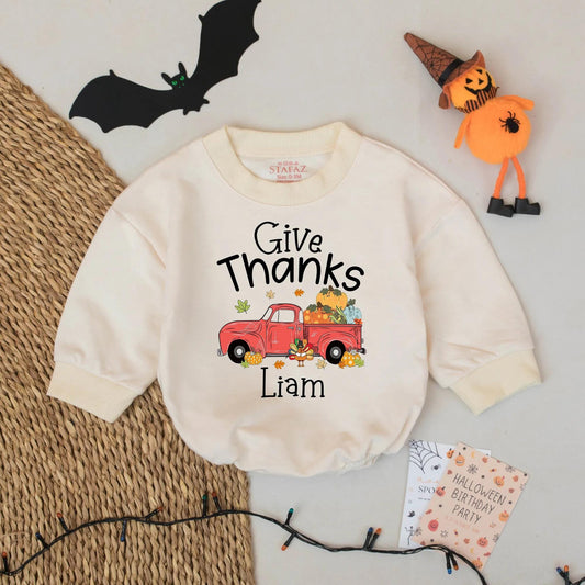 Personalized Baby's First Thanksgiving Romper with Pumpkin Truck, Custom Fall Gift for Liam, Newborn Thanksgiving Outfit