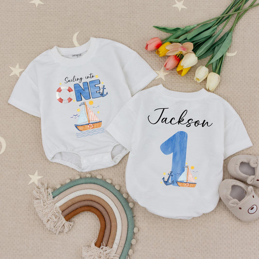 Baby Boating Anchor Romper First Birthday Outfit Nautical Summer Sea Announcement Baby Boy or Girl Cotton Romper Gift Under the Sea