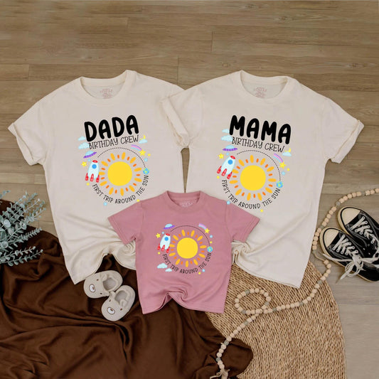 Custom First Trip Around The Sun Birthday Girl Shirt Matching Family Party Tees Sun Outfit Pink Purple Blue