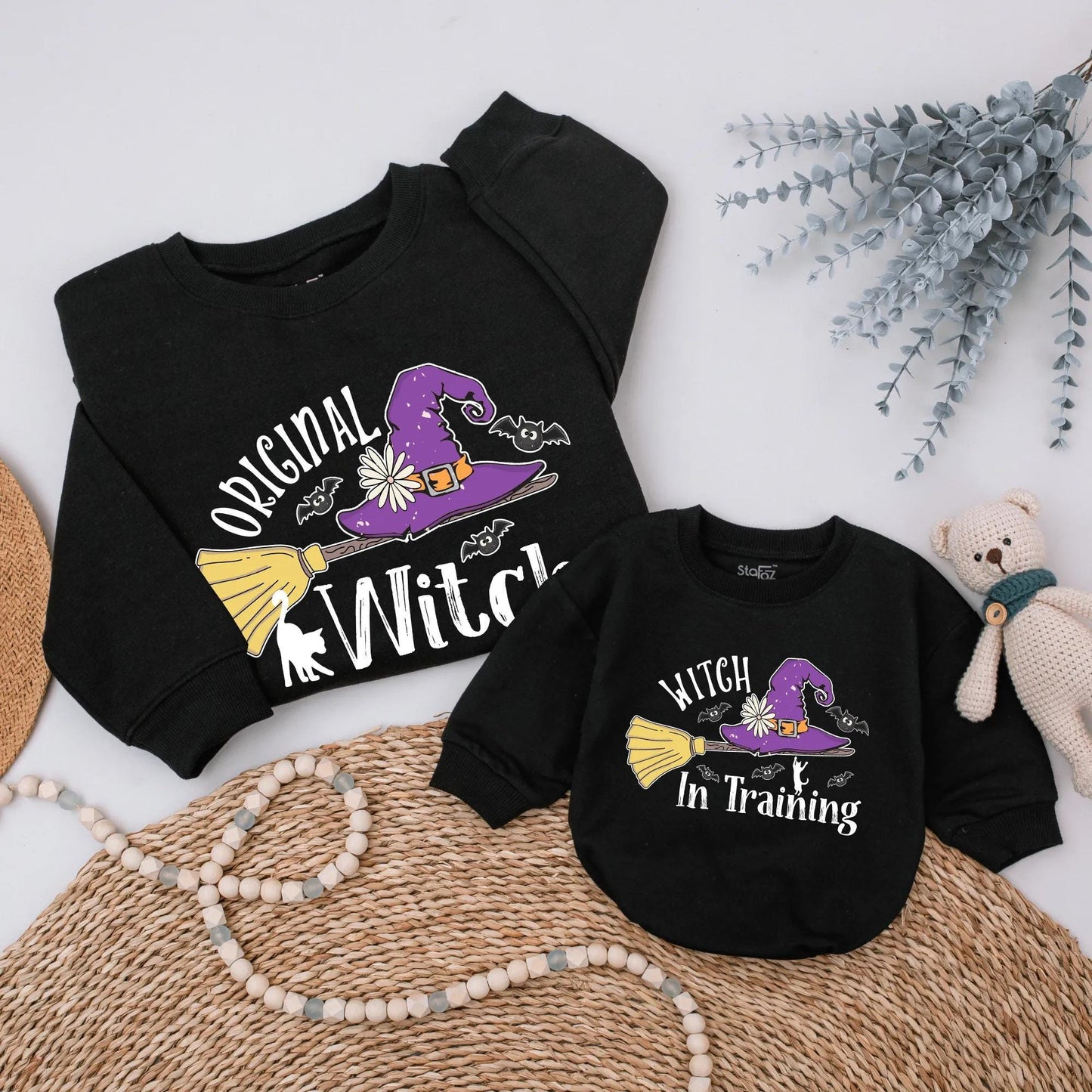 Original Witch & Witch in Training Matching Sweatshirt Cute Halloween Family Outfit Custom Mom Baby Spooky Season Gift Witch Hat Broom