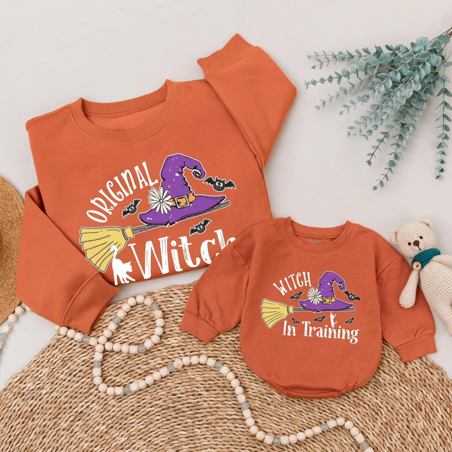 Original Witch & Witch in Training Matching Sweatshirt Cute Halloween Family Outfit Custom Mom Baby Spooky Season Gift Witch Hat Broom
