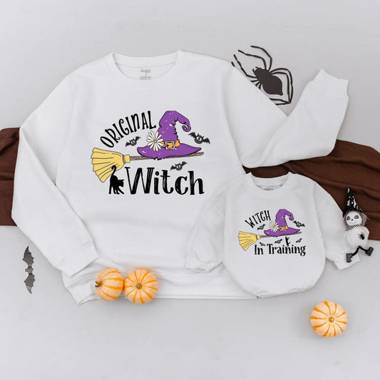 Original Witch & Witch in Training Matching Sweatshirt Cute Halloween Family Outfit Custom Mom Baby Spooky Season Gift Witch Hat Broom