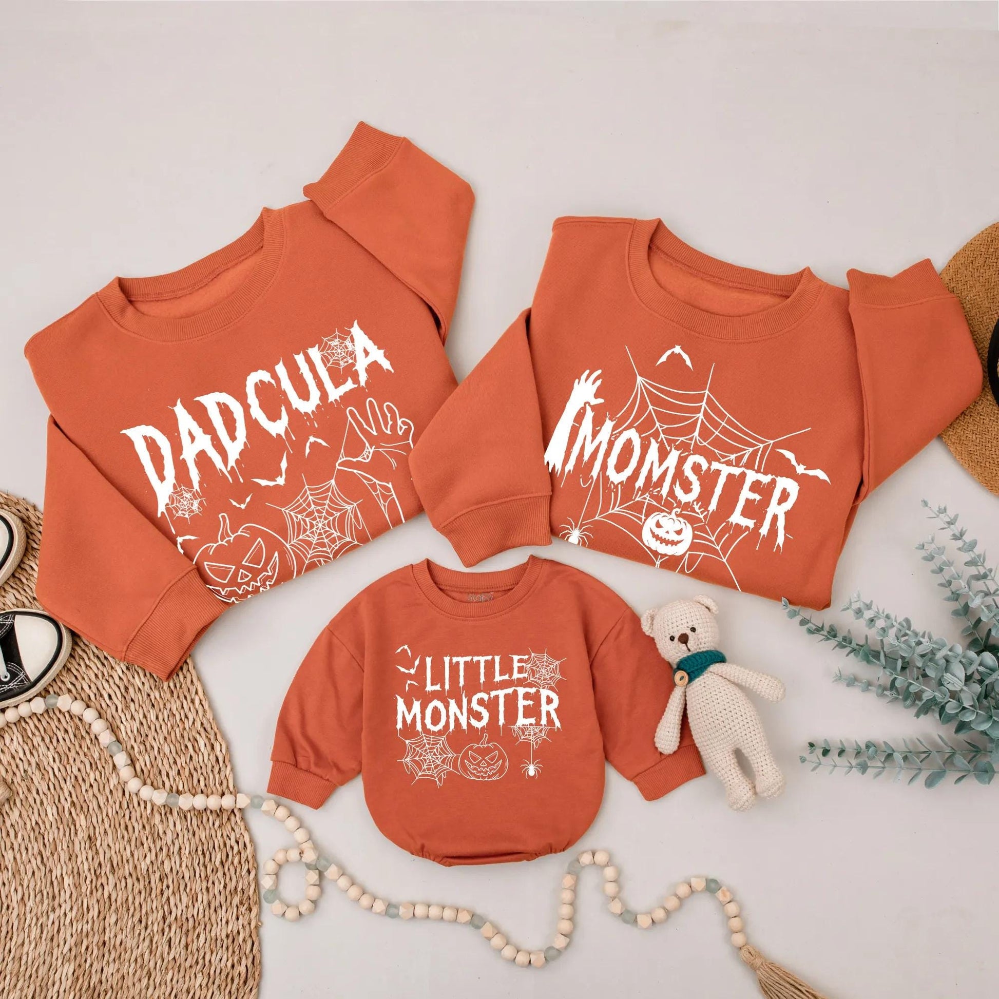 Dadcula Momster Little Monster Halloween Family Matching Sweatshirts and Little Boo Romper for Spooky Season Pumpkin Patch Parties