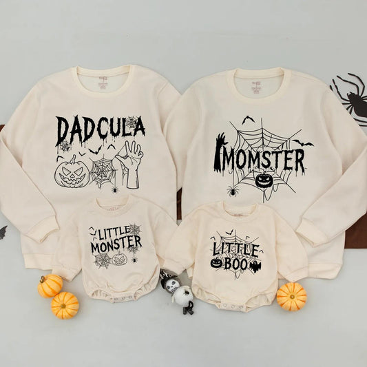 Dadcula Momster Little Monster Halloween Family Matching Sweatshirts and Little Boo Romper for Spooky Season Pumpkin Patch Parties