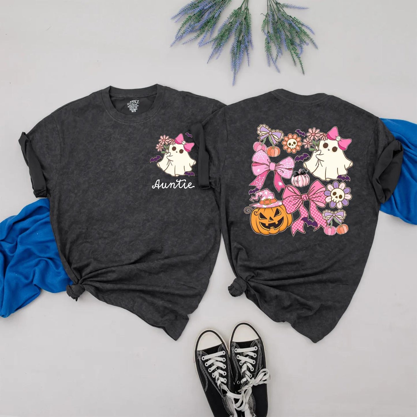Cute Ghost Auntie and Niece Halloween Matching Family Shirt Spooky Season Outfit with Pink Pumpkin Design