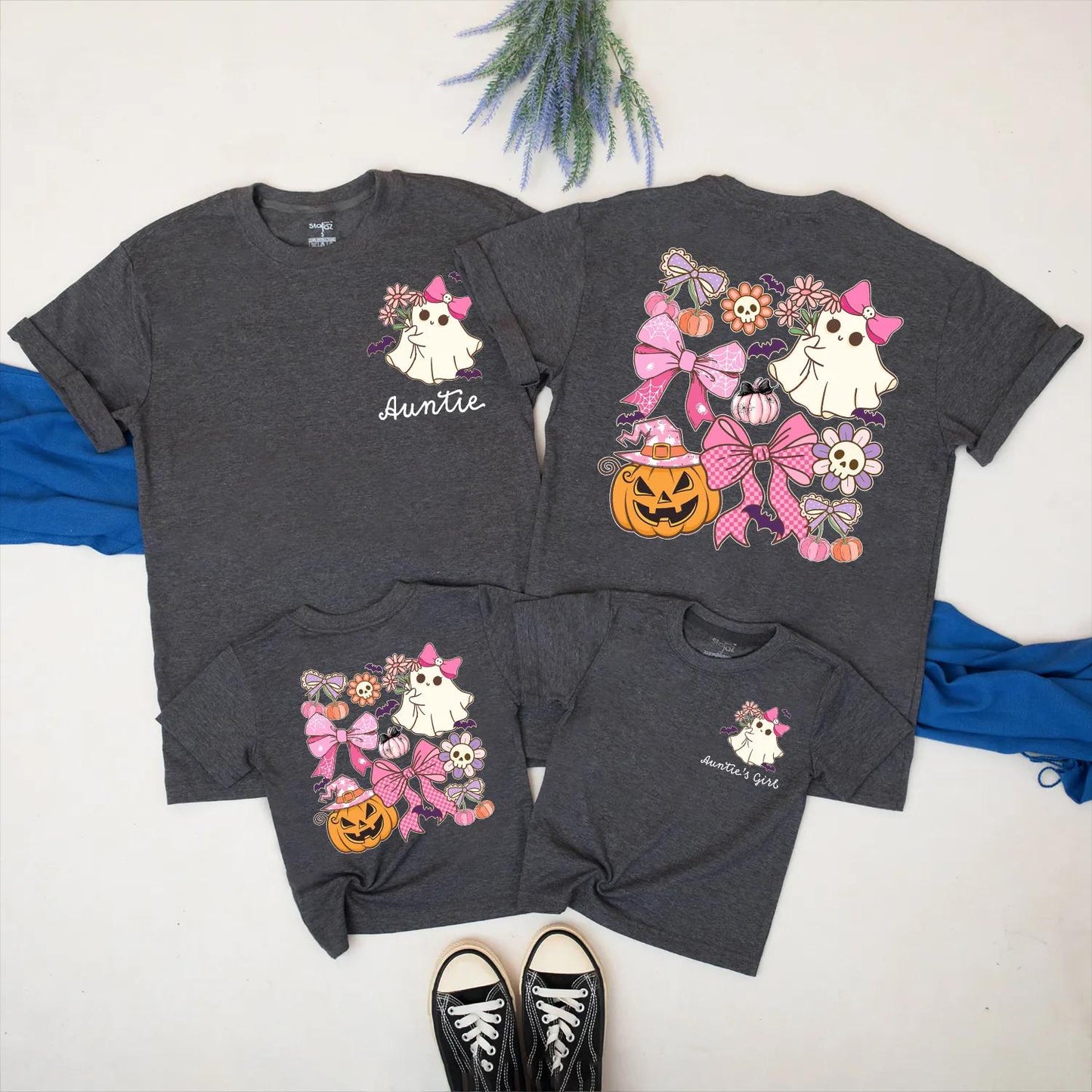 Cute Ghost Auntie and Niece Halloween Matching Family Shirt Spooky Season Outfit with Pink Pumpkin Design