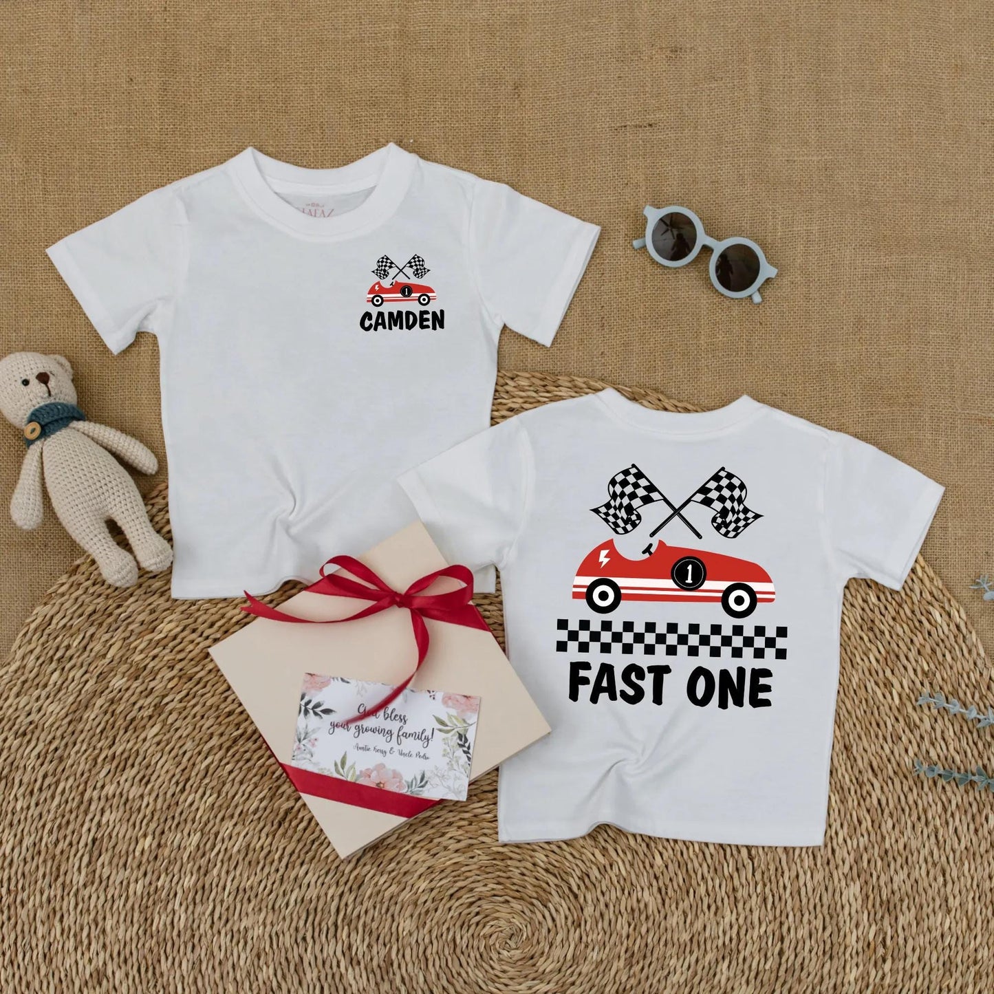 Fast One Race Car Birthday Romper for Baby Boy Custom Name Outfit First Birthday Gift Fun Red Car