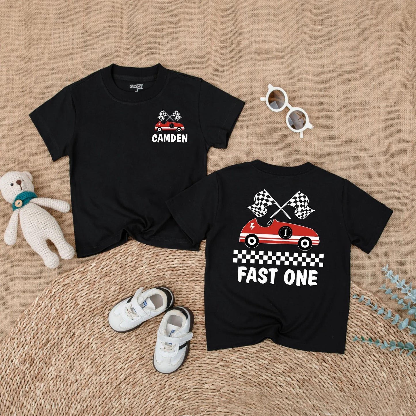 Fast One Race Car Birthday Romper for Baby Boy Custom Name Outfit First Birthday Gift Fun Red Car