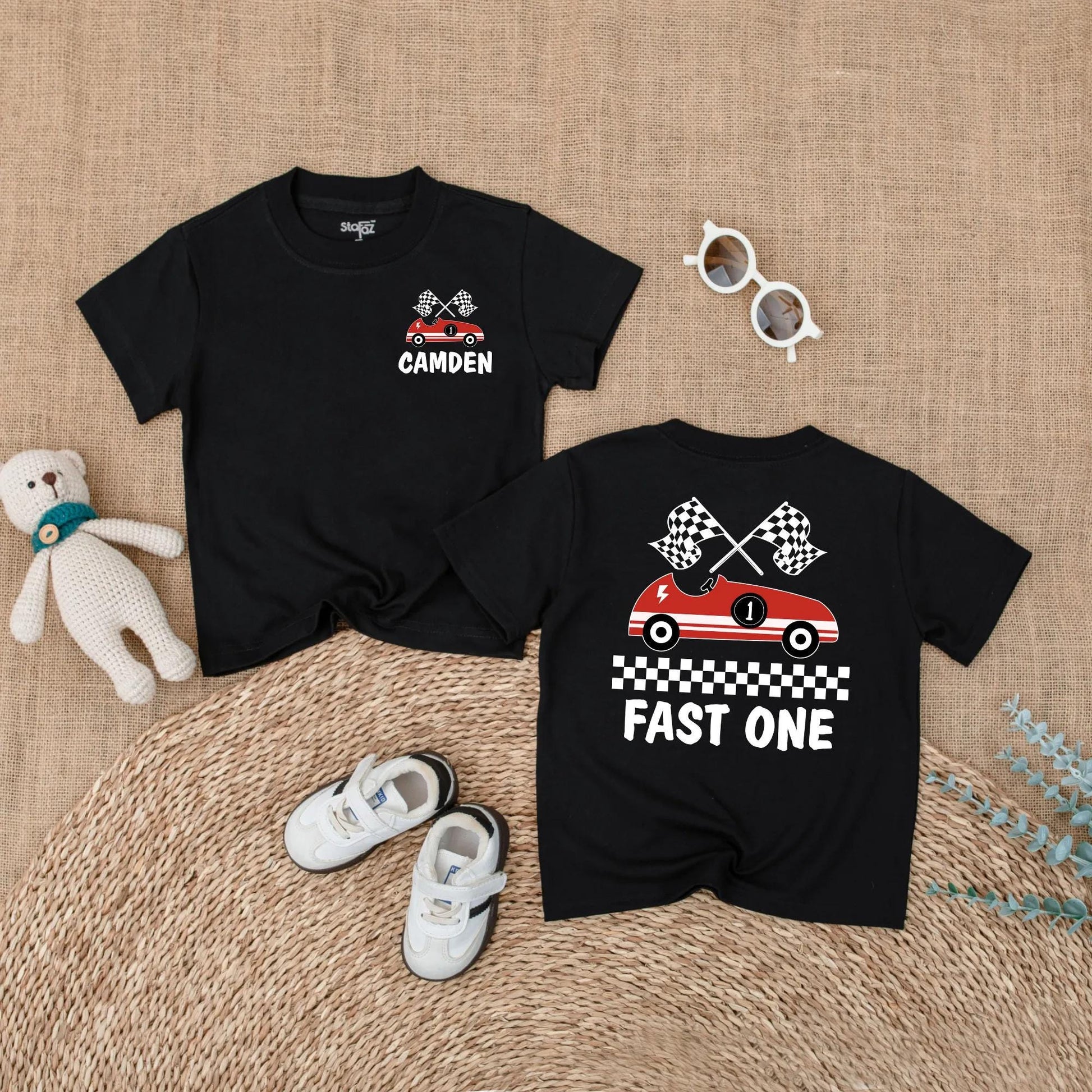Fast One Race Car Birthday Romper for Baby Boy Custom Name Outfit First Birthday Gift Fun Red Car