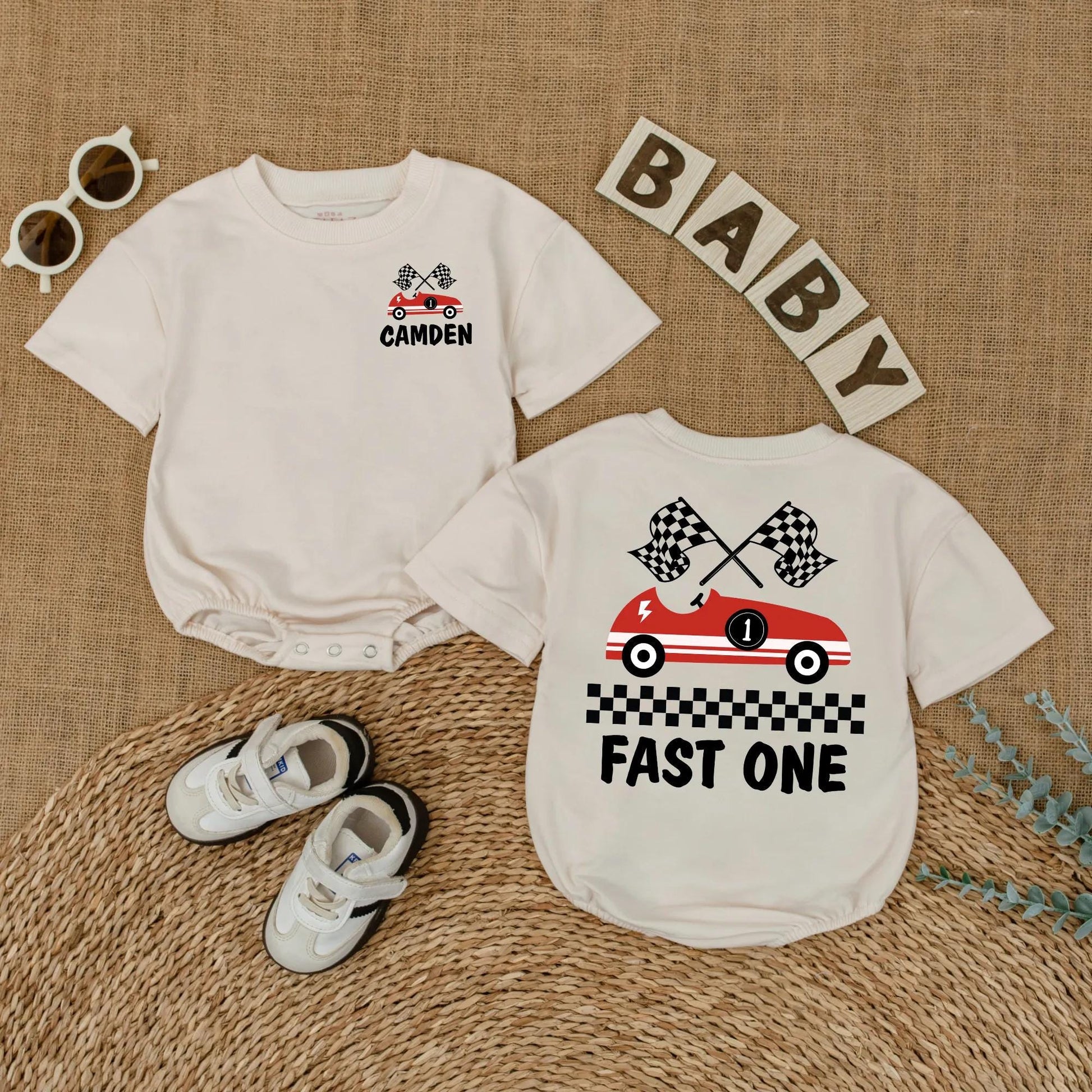 Fast One Race Car Birthday Romper for Baby Boy Custom Name Outfit First Birthday Gift Fun Red Car