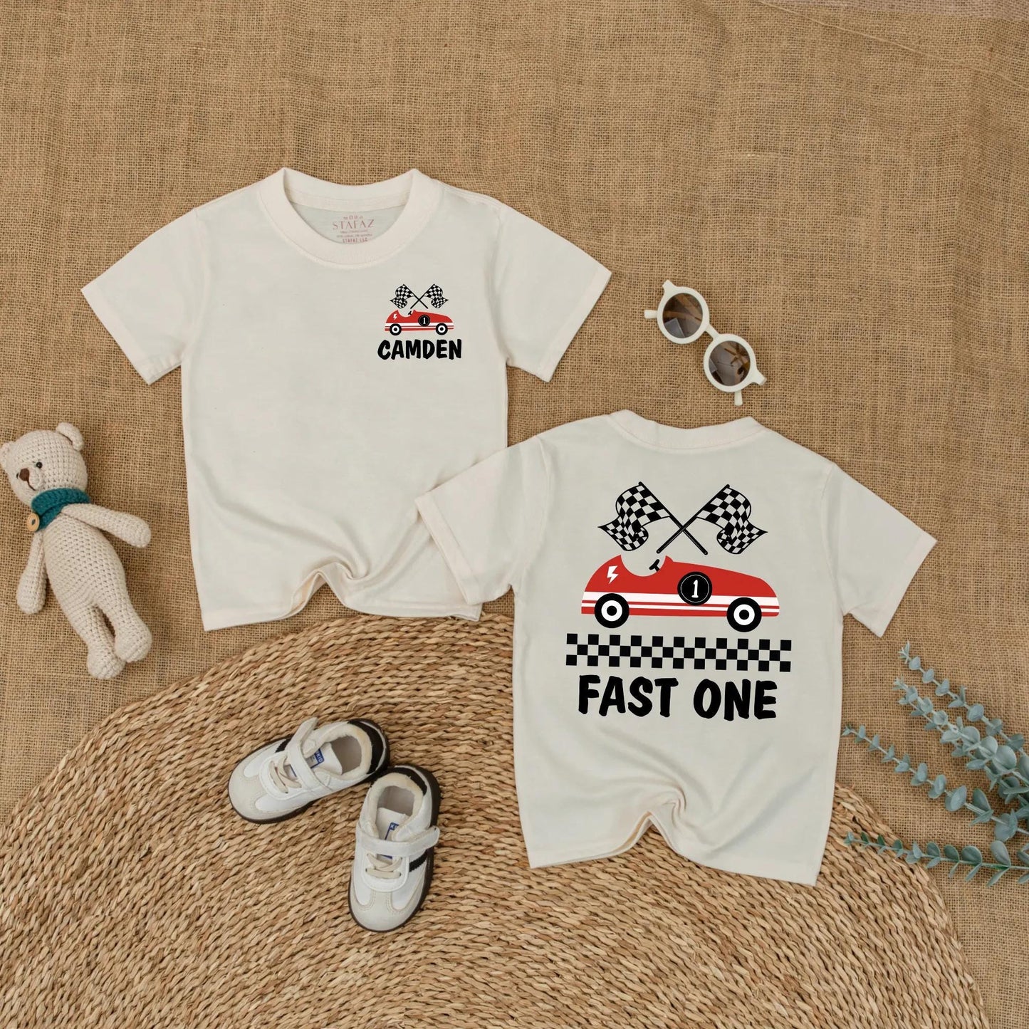 Fast One Race Car Birthday Romper for Baby Boy Custom Name Outfit First Birthday Gift Fun Red Car