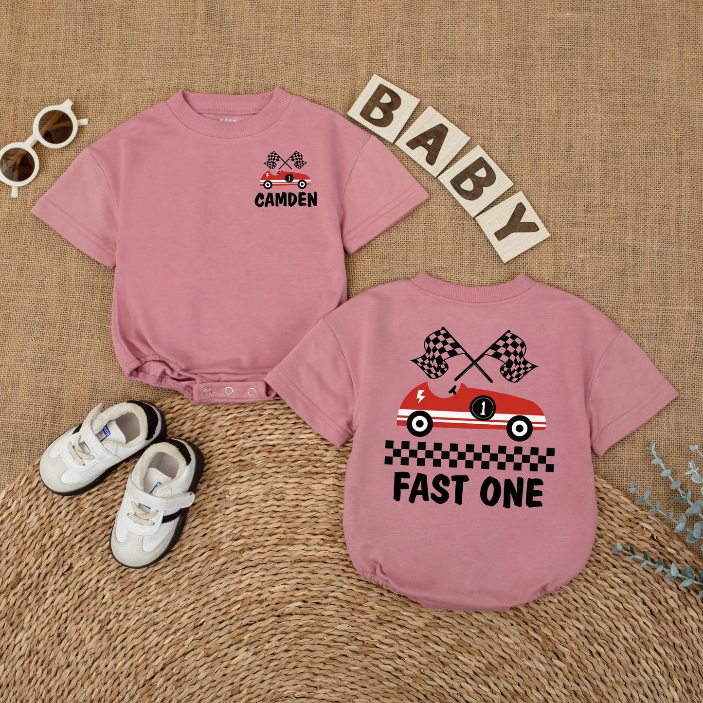 Fast One Race Car Birthday Romper for Baby Boy Custom Name Outfit First Birthday Gift Fun Red Car
