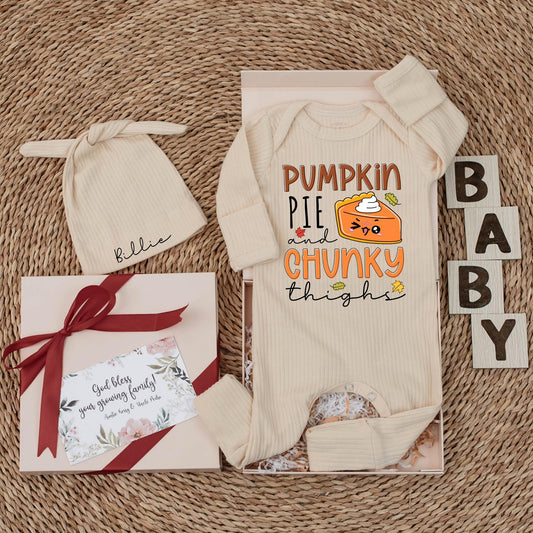 Pumpkin Pie & Chunky Thighs Baby Bodysuit Funny Thanksgiving Outfit Cozy Fall Newborn Clothes Personalized Baby Shower Gift