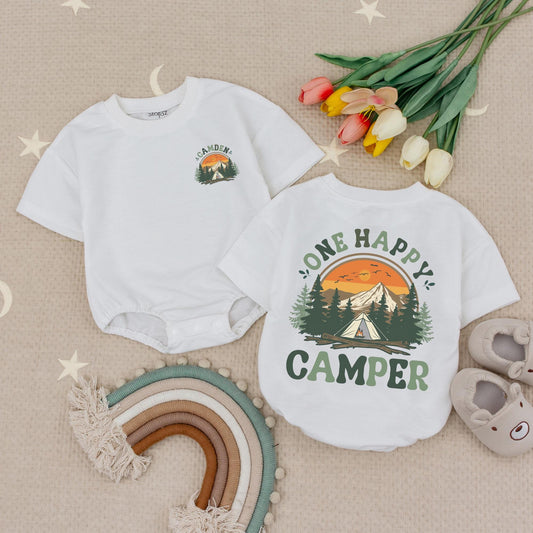 Personalized Happy Camper Romper: Sunset Mountain First Birthday Outfit, Cute Baby Bodysuit for Summer Camping Crew Adventure, Custom Name Outfit 139