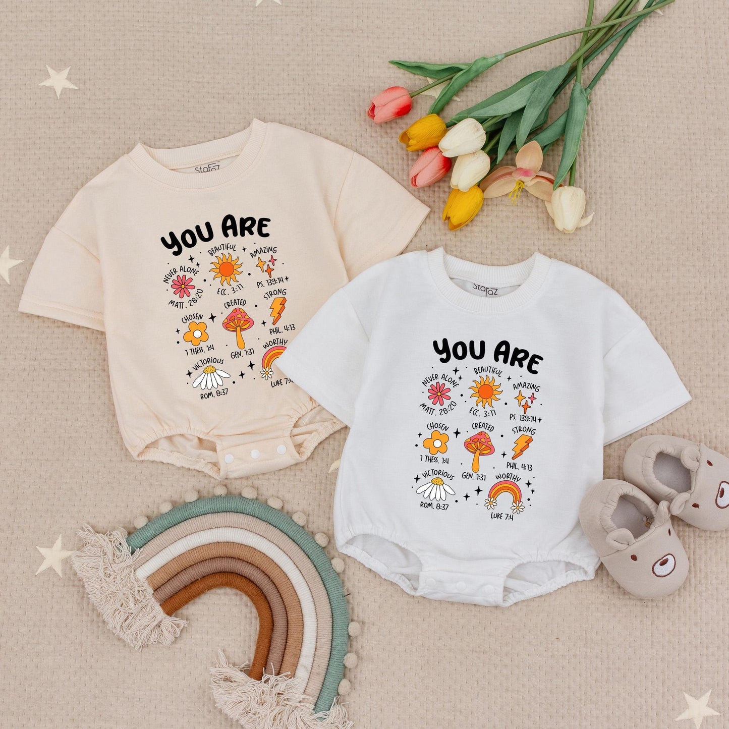 Christian "You Are" Baby Romper with Whimsical Art & Bible Verses - Joyful Newborn Clothes for Baby Shower Gift