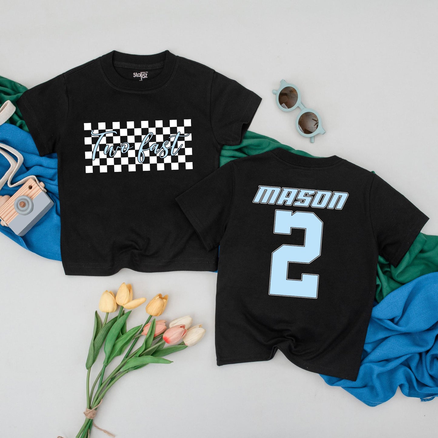 Personalized Two Fast Race Car Shirt Second Birthday Boy Outfit Fun Checkered 2 Year Old Toddler Party Gift Idea with Custom Name Number