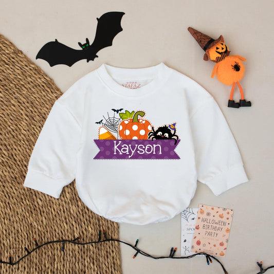 Kayson's First Halloween Baby Romper Cute Pumpkin Spiderweb Party Outfit Soft Cotton Personalized Newborn Fall Gift