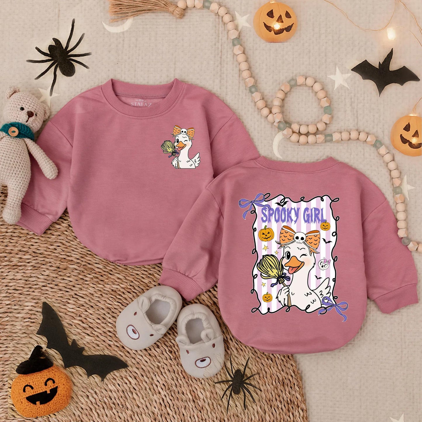 Spooky Girl Goose Bubble Romper Halloween Outfit Baby Toddler Costume Cute Cartoon Design Purple Yellow White First Halloween Gift Fall Outfit (139 chars)