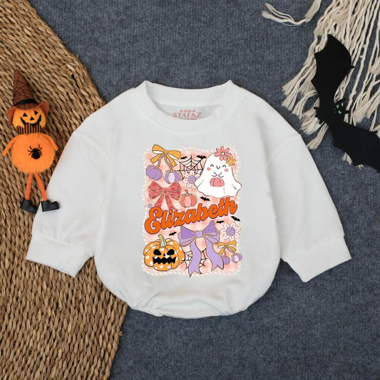 Personalized Elizabeth Halloween Bubble Romper Spooky Baby Outfit, Ghost, Bat, Pumpkin Design for 1st Halloween, Toddler Clothes Gift