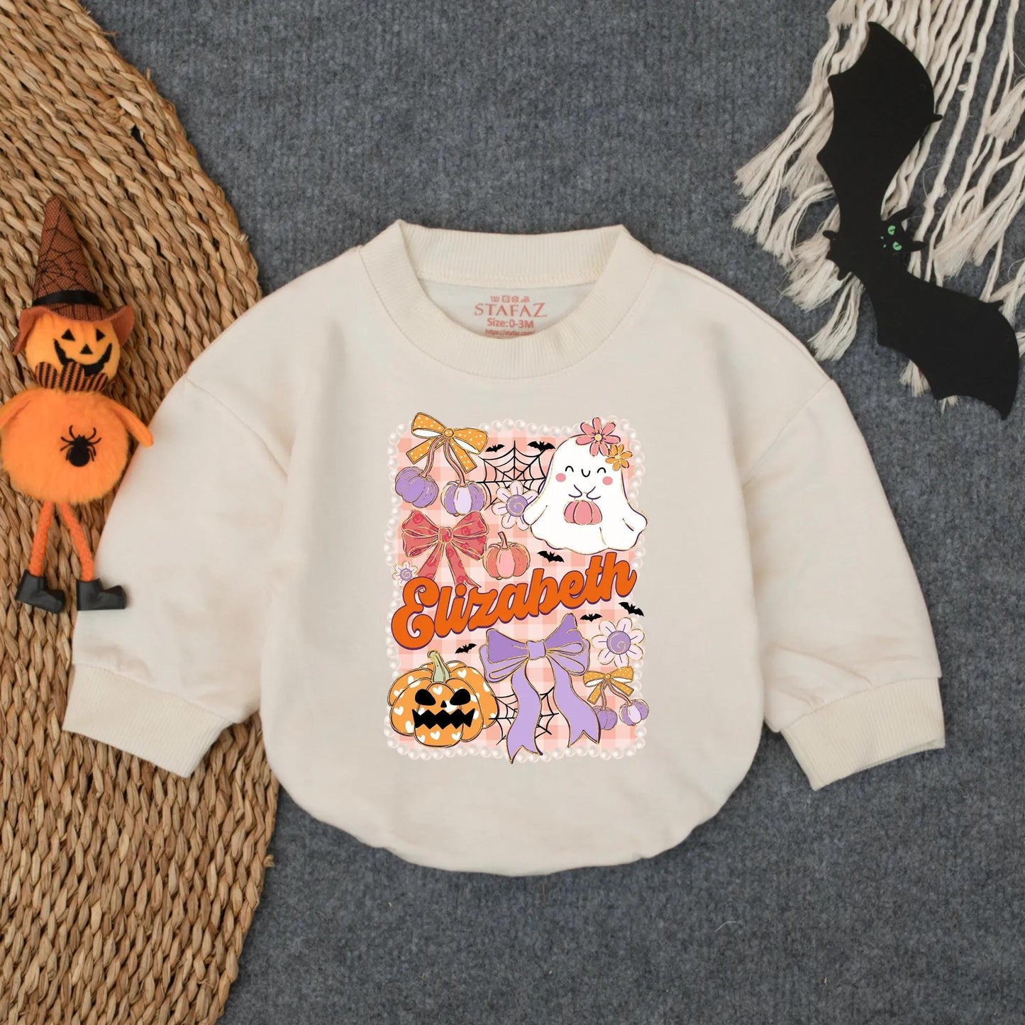 Personalized Elizabeth Halloween Bubble Romper Spooky Baby Outfit, Ghost, Bat, Pumpkin Design for 1st Halloween, Toddler Clothes Gift