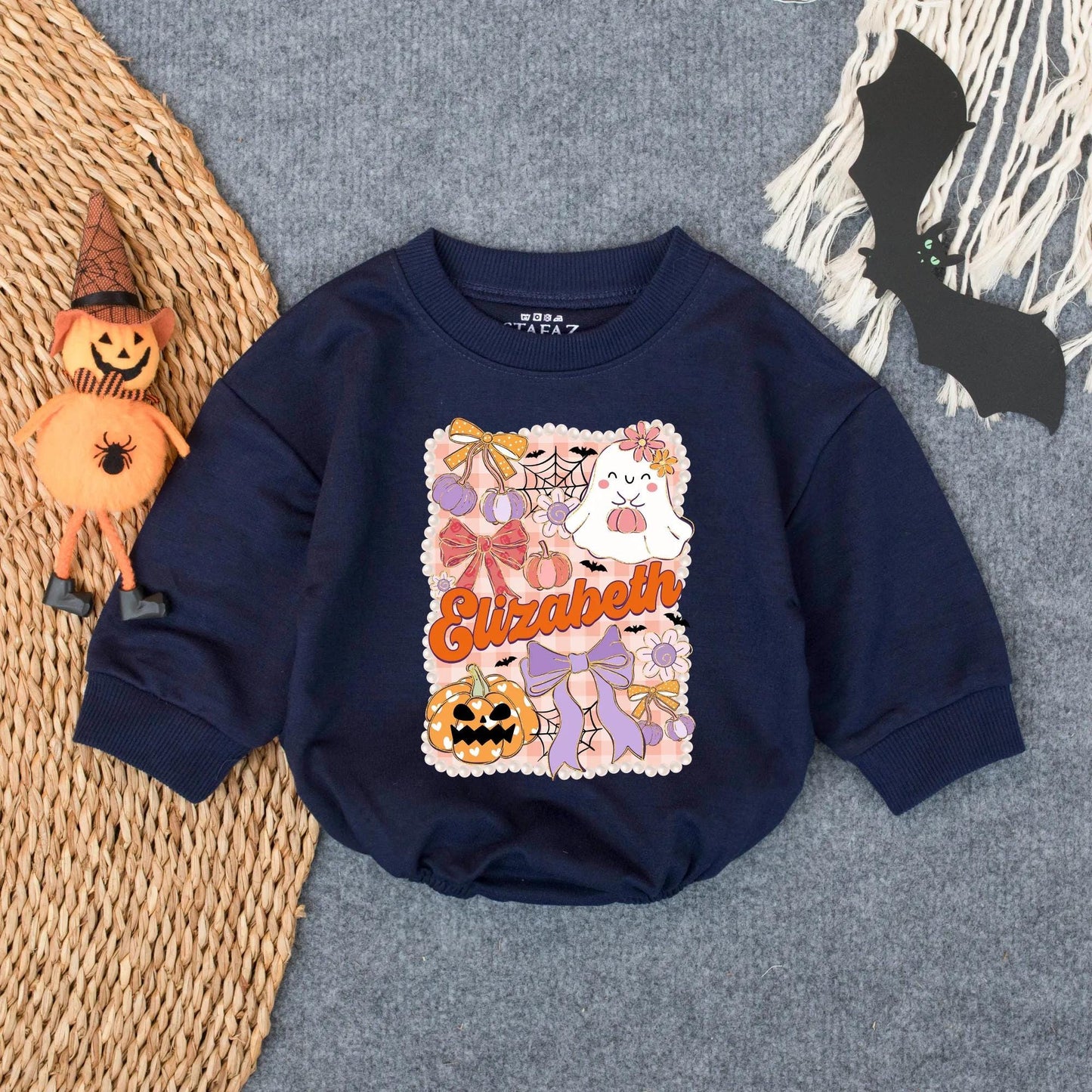 Personalized Elizabeth Halloween Bubble Romper Spooky Baby Outfit, Ghost, Bat, Pumpkin Design for 1st Halloween, Toddler Clothes Gift
