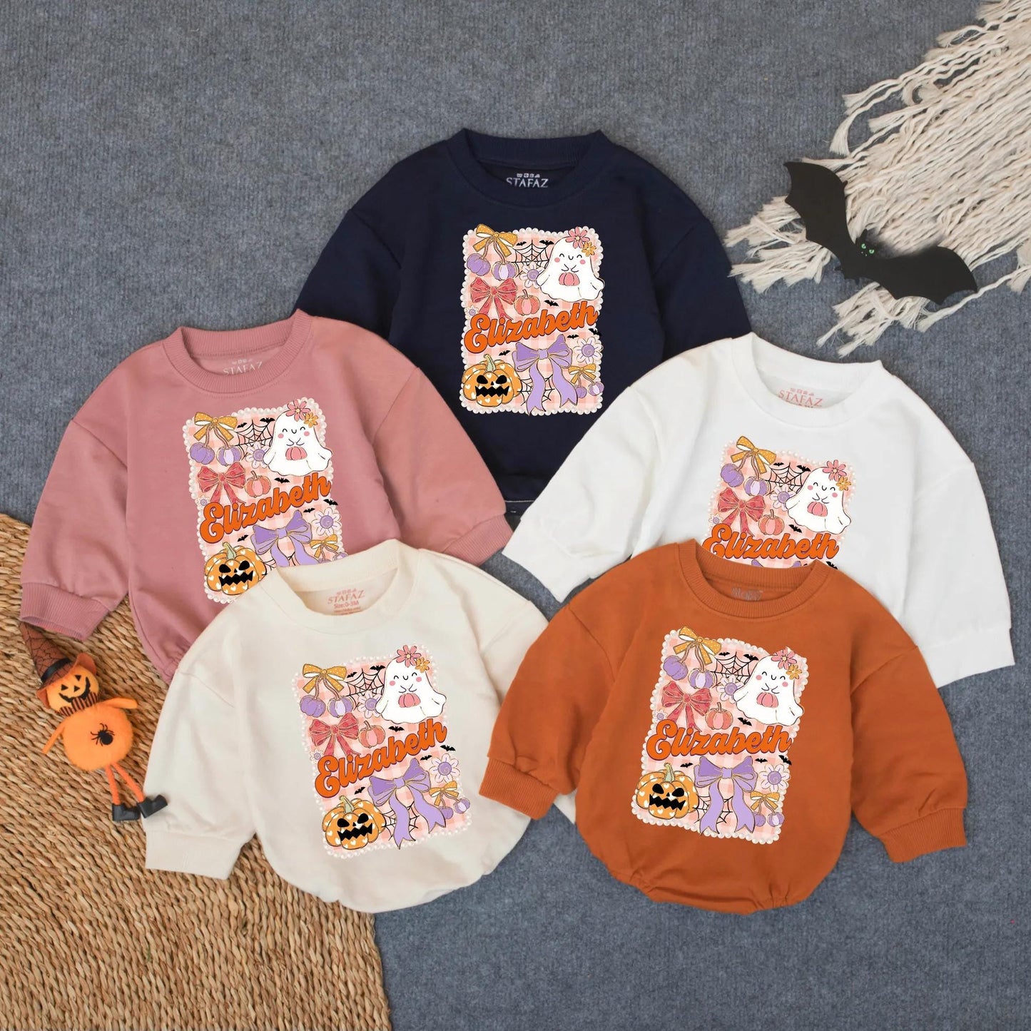 Personalized Elizabeth Halloween Bubble Romper Spooky Baby Outfit, Ghost, Bat, Pumpkin Design for 1st Halloween, Toddler Clothes Gift
