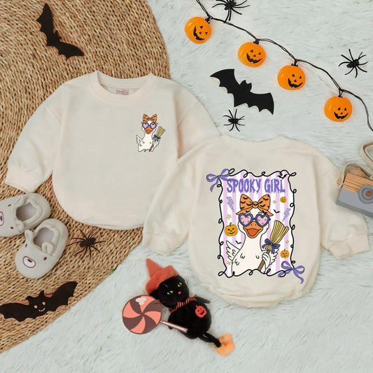 Spooky Girl Halloween Romper: Cute Duck Design with Heart Glasses & Orange Bow, Toddler Fall Outfit, Baby Halloween Gift, Spooky Baby Clothes