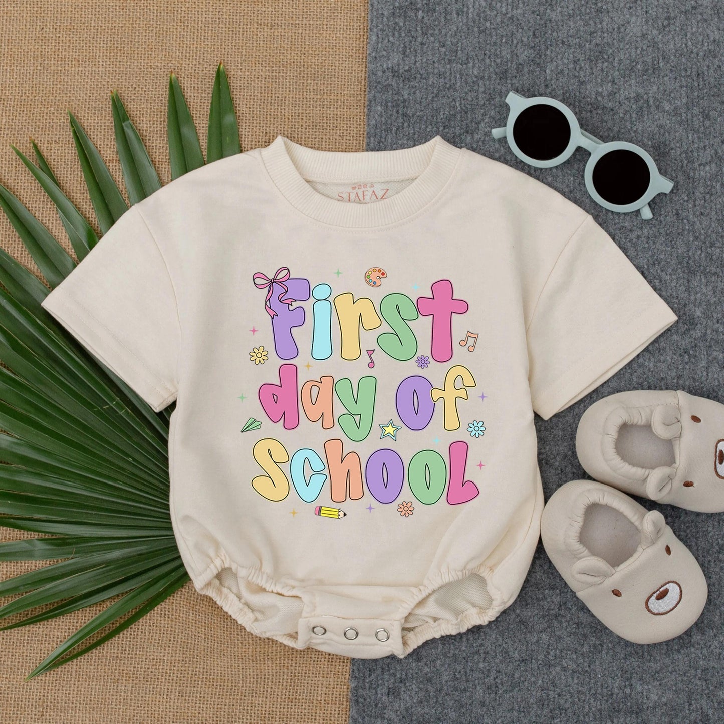 First Day of School Romper Girl Toddler Outfit Bubbly Pastel Letters Crayon Airplane Design Cute Back to School Clothes Infant Preschool Outfit Soft Cotton 138