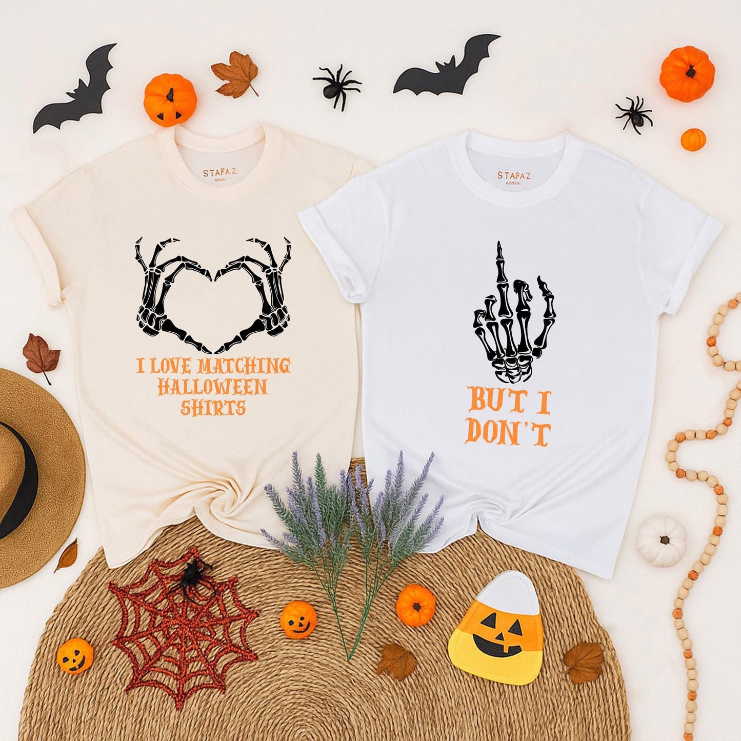 His Hers Halloween Skeleton Pumpkin Matching Couple Shirts for Spooky Season Fun