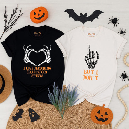 His Hers Halloween Skeleton Pumpkin Matching Couple Shirts for Spooky Season Fun