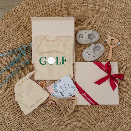 Personalized Apparently I Like Golf Baby Bodysuit and Hat Set Newborn Going Home Outfit Sports Fan Infant Gift for Golf Loving Parents