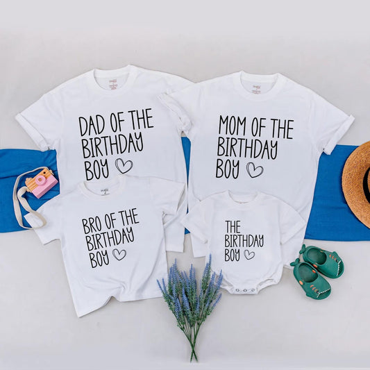 Birthday Boy Family Matching Shirts Custom Name Outfit, Cute Party Clothes for Baby Boy Photo, Personalized Birthday Gift Set, Family Celebration (139 chars)