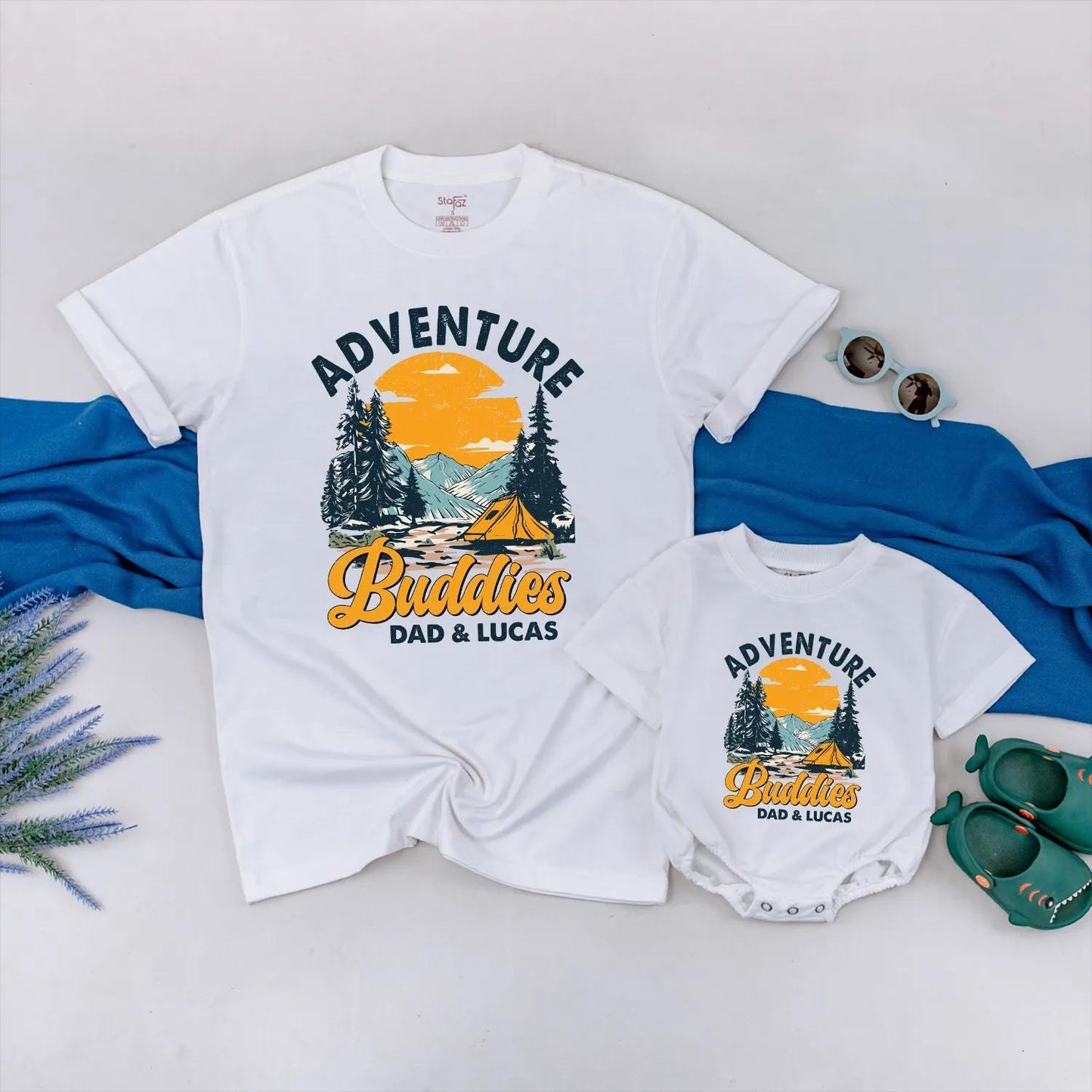 Adventure Buddies Matching Shirts for Dad and Baby Personalized Hiking Clothes, Mountain Travel Gift, Father and Son Camping Outfit, Outdoor Family Fun (139 chars)