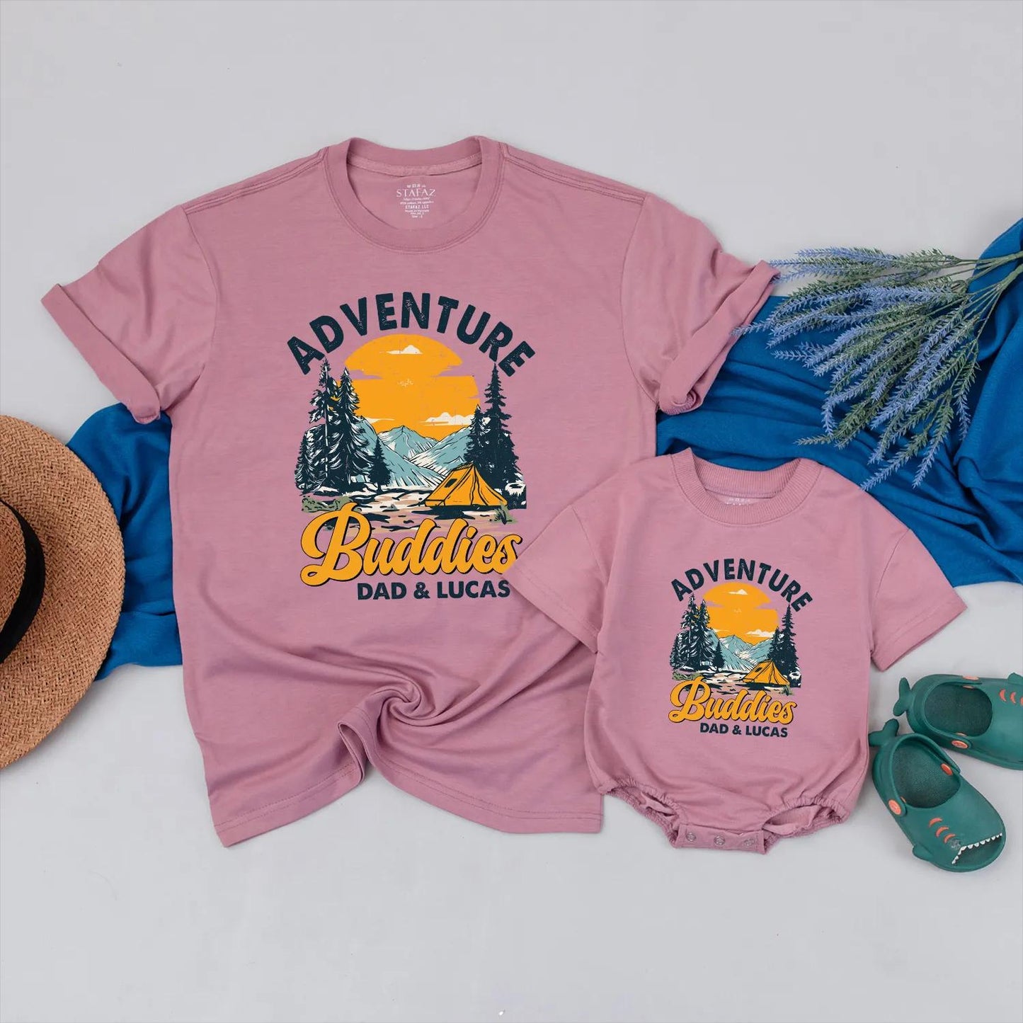 Adventure Buddies Matching Shirts for Dad and Baby Personalized Hiking Clothes, Mountain Travel Gift, Father and Son Camping Outfit, Outdoor Family Fun (139 chars)