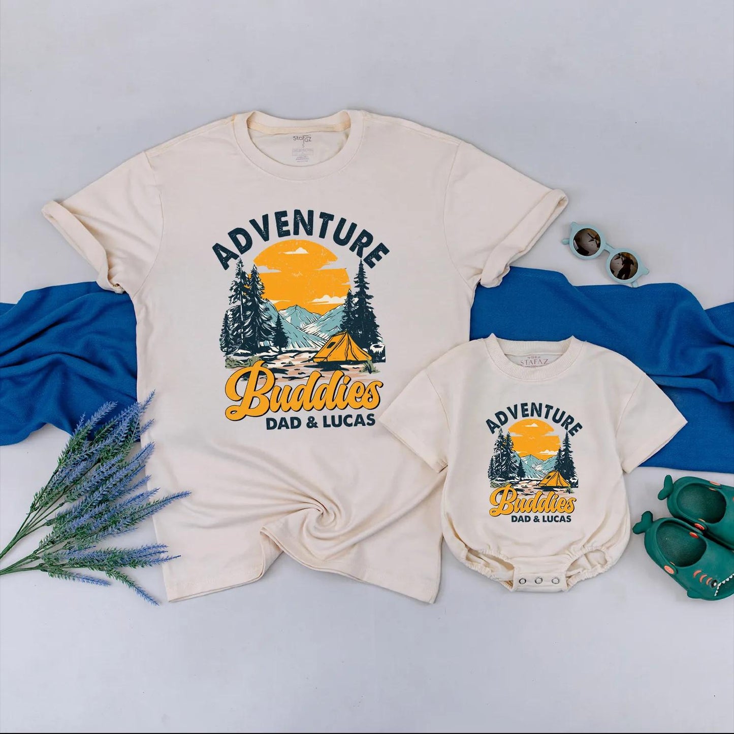 Adventure Buddies Matching Shirts for Dad and Baby Personalized Hiking Clothes, Mountain Travel Gift, Father and Son Camping Outfit, Outdoor Family Fun (139 chars)