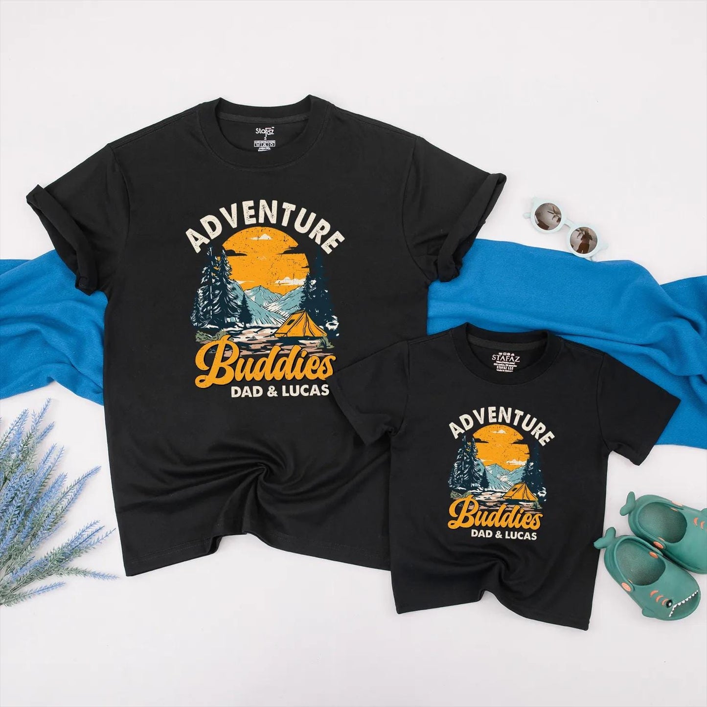 Adventure Buddies Matching Shirts for Dad and Baby Personalized Hiking Clothes, Mountain Travel Gift, Father and Son Camping Outfit, Outdoor Family Fun (139 chars)