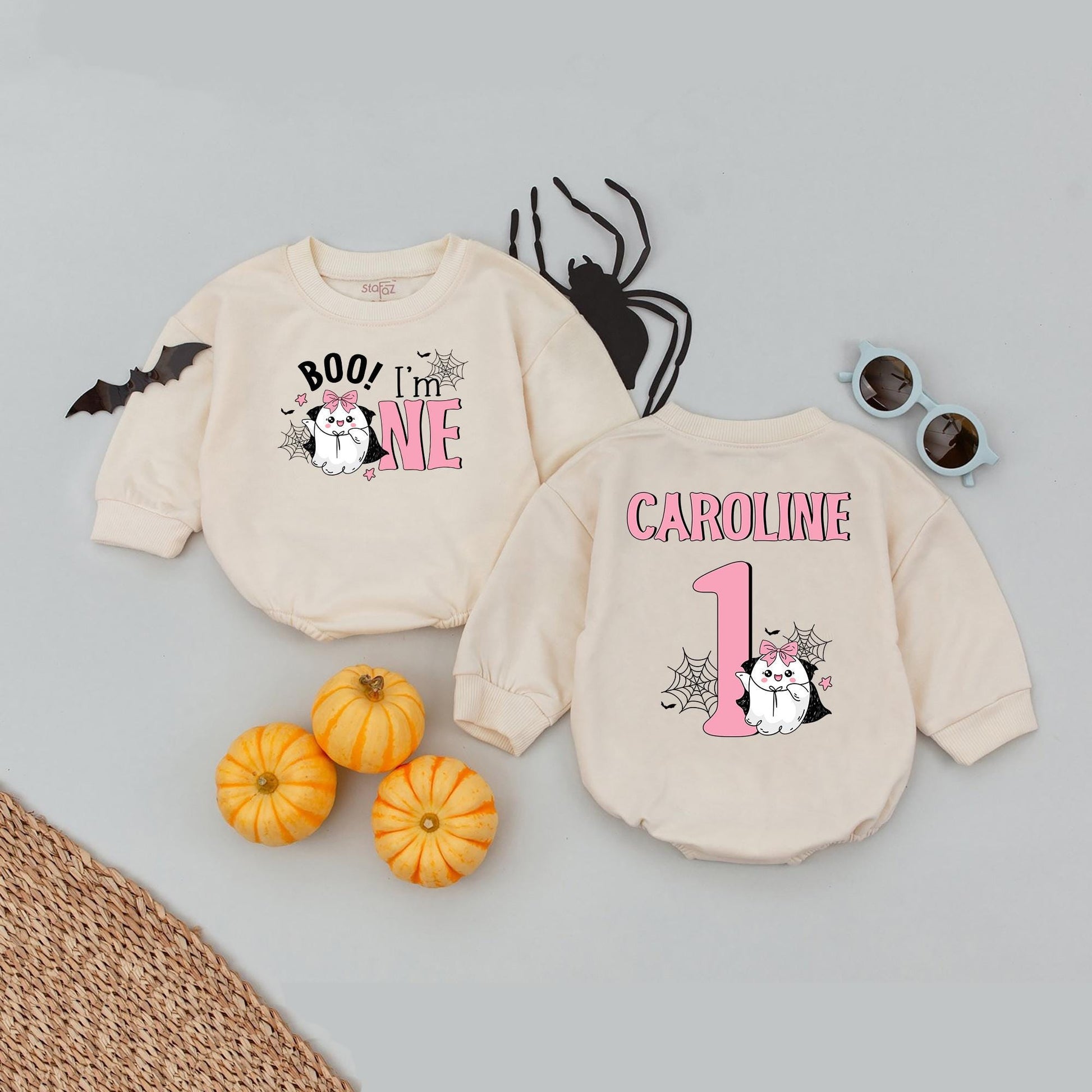 Boo! I'm ONE Baby Girl Halloween Romper, Personalized 1st Birthday Outfit, Cute Ghost Design, Pink Pastel Party Clothes