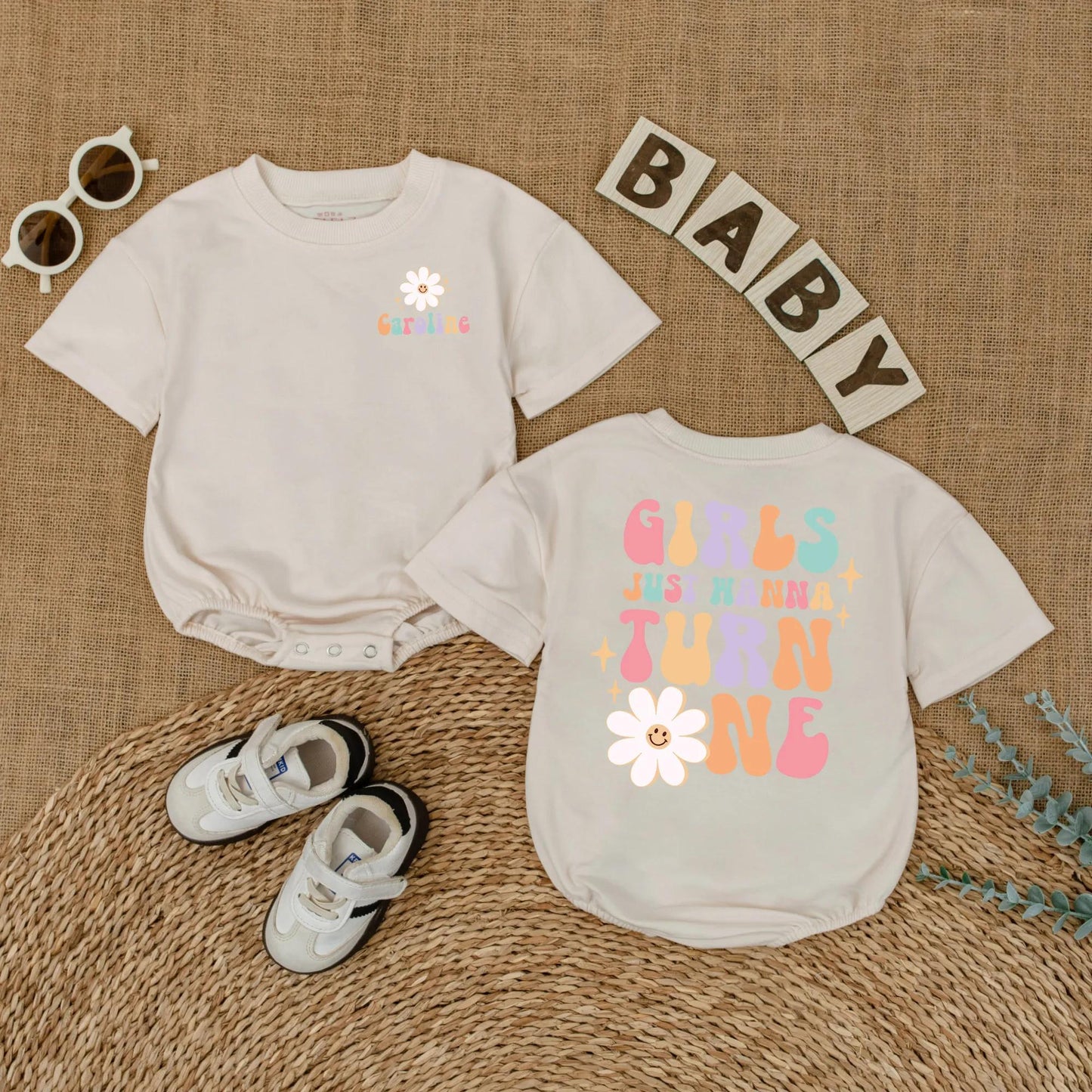 Personalized Girls Just Wanna Turn One Groovy Birthday Romper for Baby Girl First Birthday Outfit One Year Old Soft Daisy Bodysuit