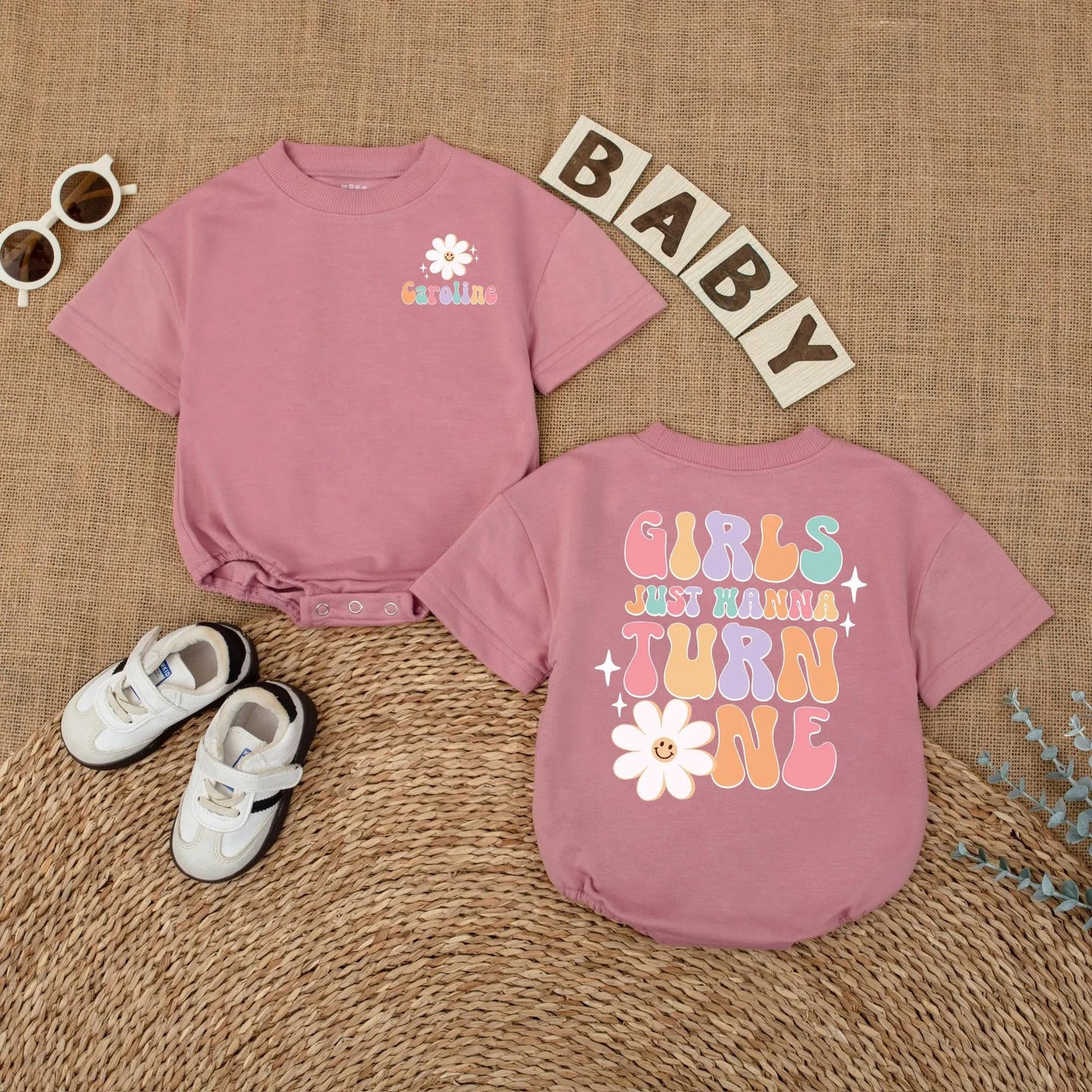 Personalized Girls Just Wanna Turn One Groovy Birthday Romper for Baby Girl First Birthday Outfit One Year Old Soft Daisy Bodysuit