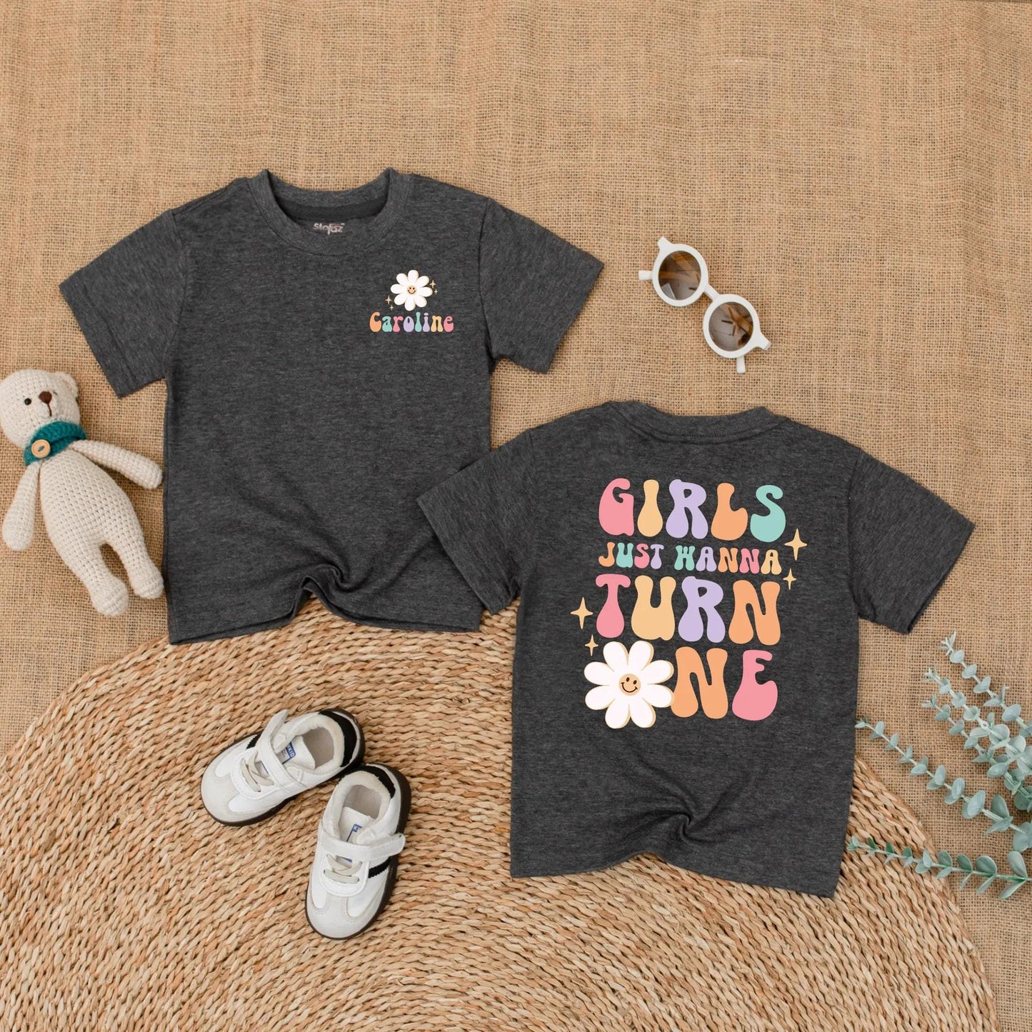 Personalized Girls Just Wanna Turn One Groovy Birthday Romper for Baby Girl First Birthday Outfit One Year Old Soft Daisy Bodysuit