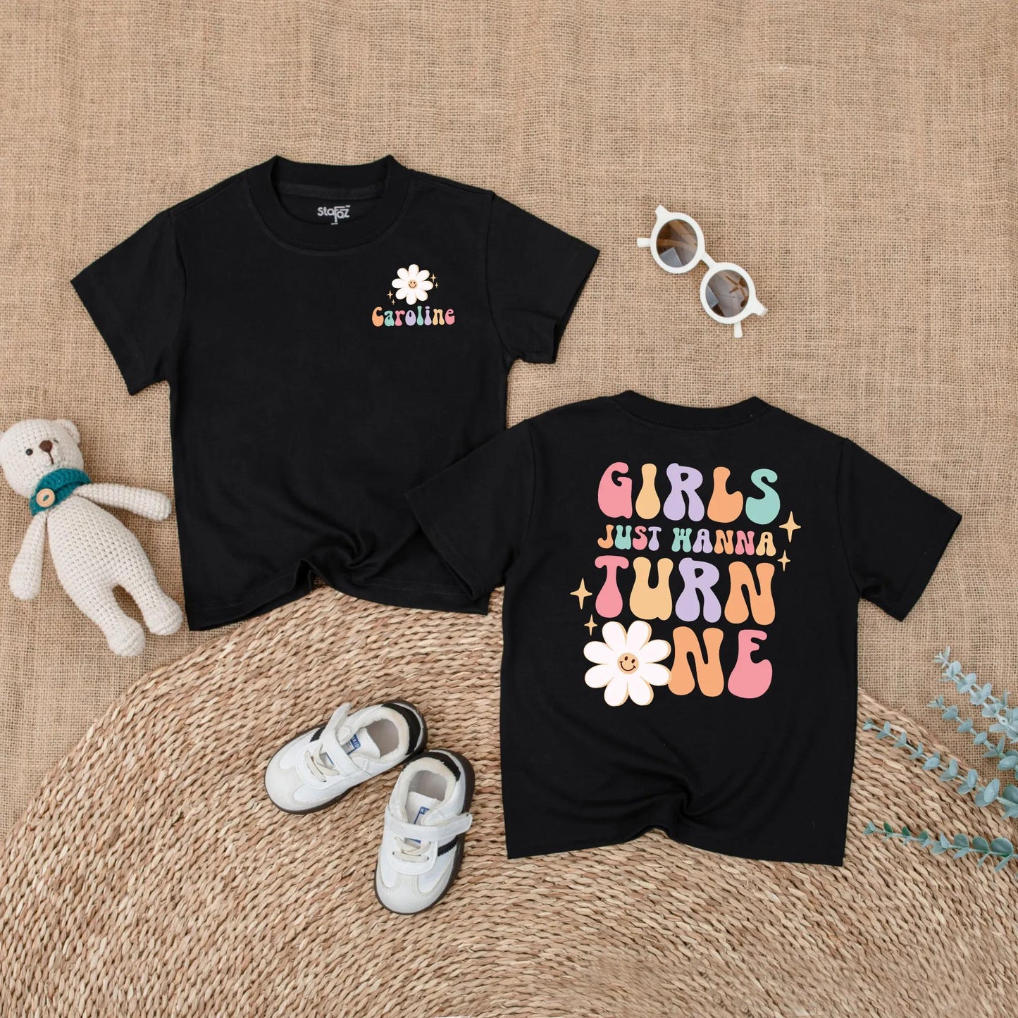 Personalized Girls Just Wanna Turn One Groovy Birthday Romper for Baby Girl First Birthday Outfit One Year Old Soft Daisy Bodysuit