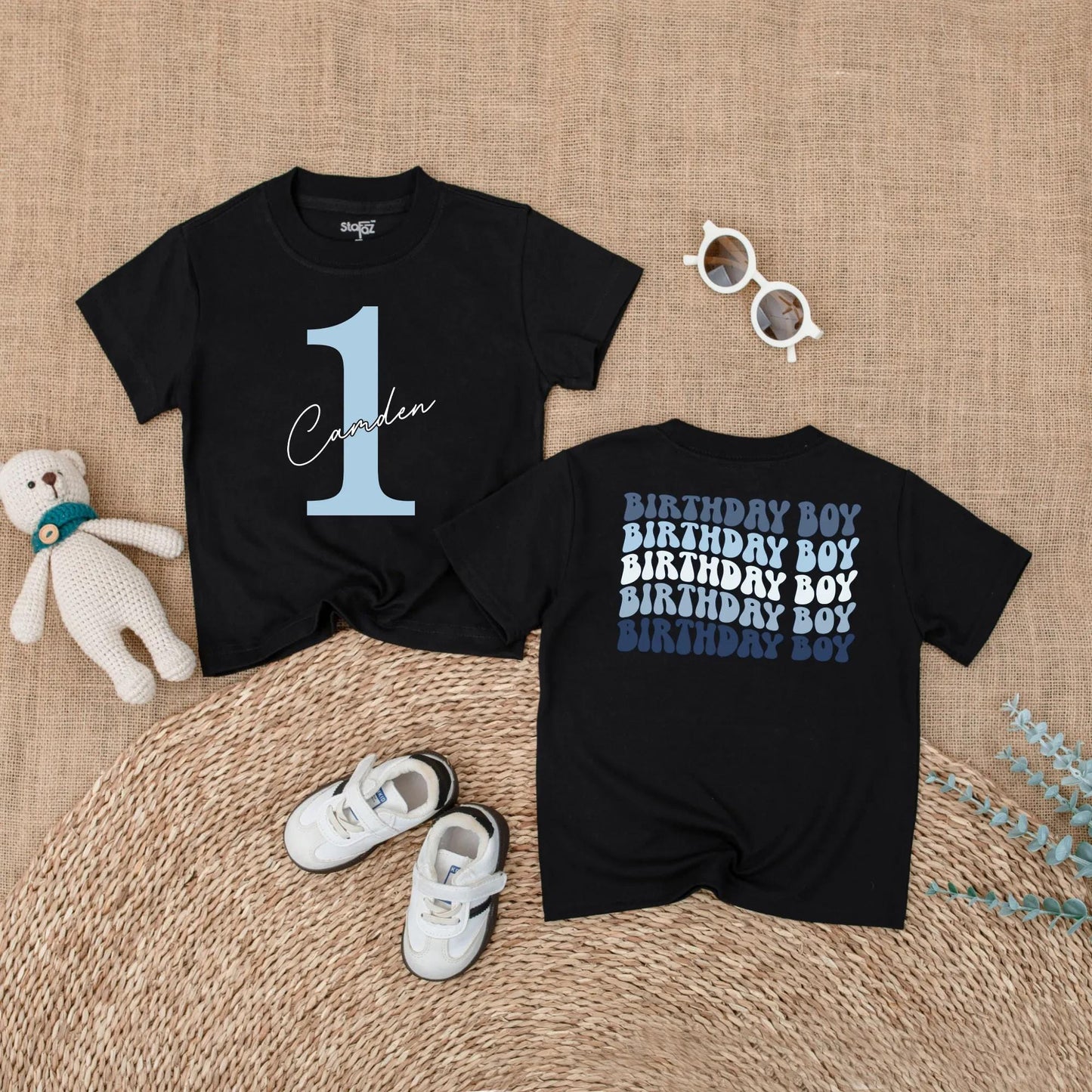 Caden 1st Birthday Boy Romper Blue Outfit with Number 1 and Cursive Name, Cake Smash Bodysuit Gift