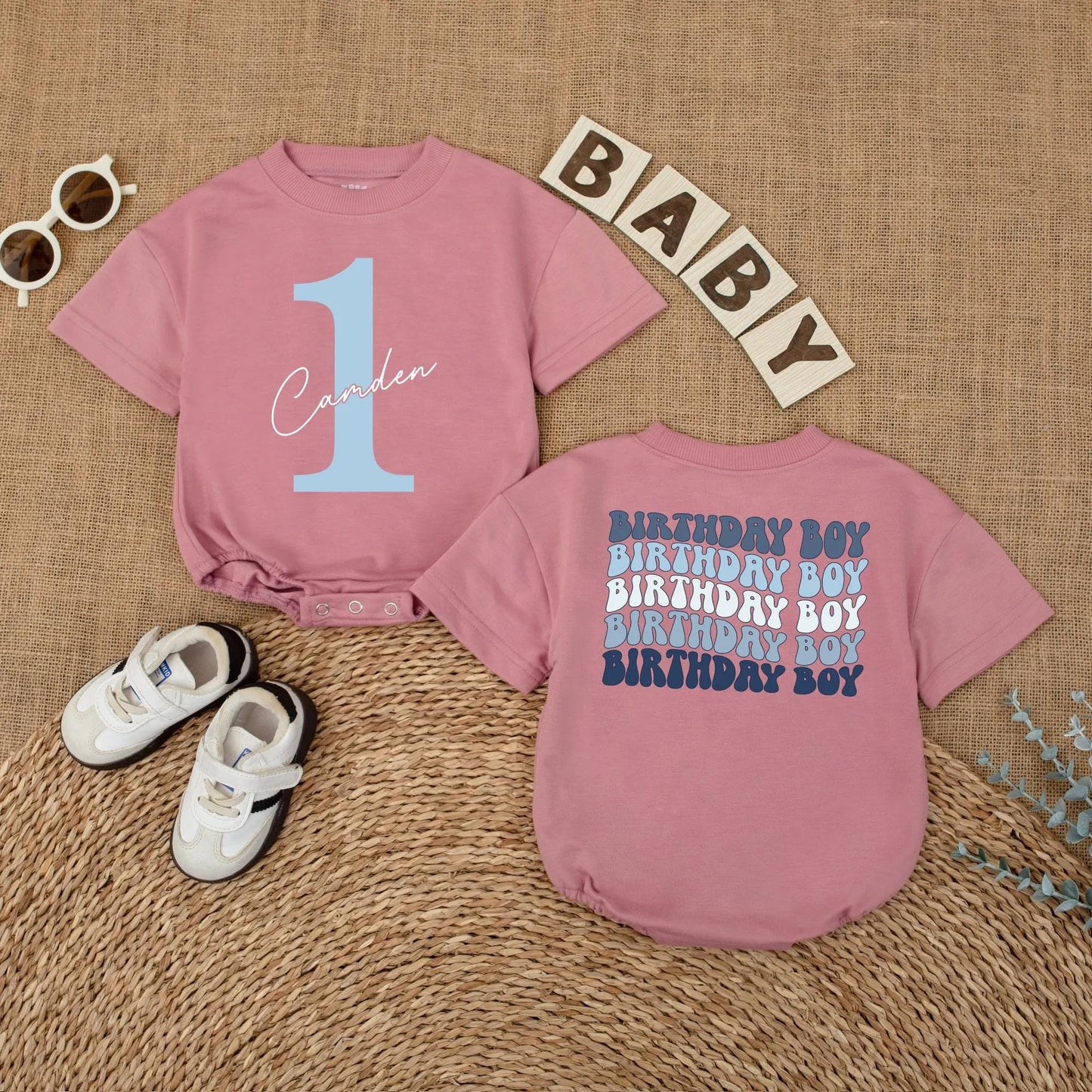 Caden 1st Birthday Boy Romper Blue Outfit with Number 1 and Cursive Name, Cake Smash Bodysuit Gift