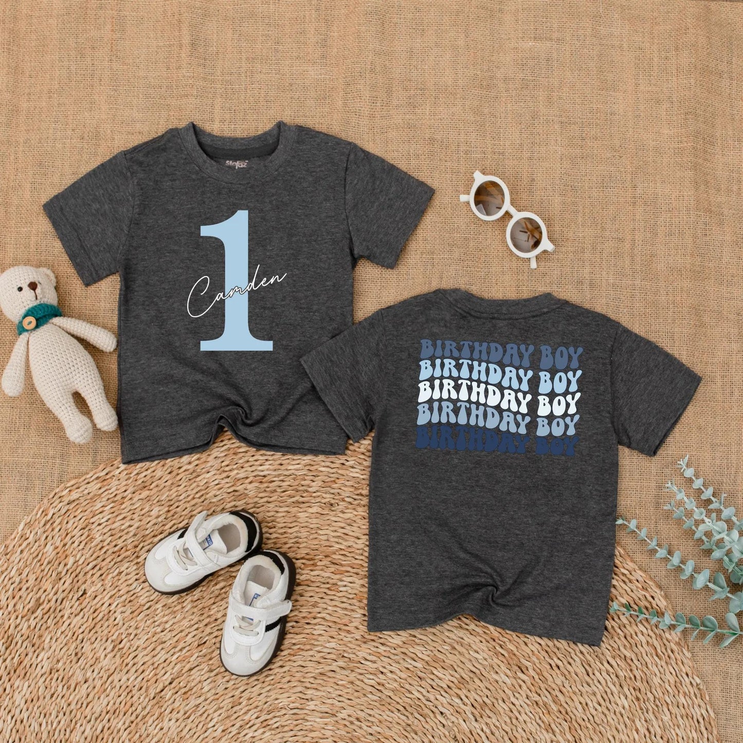 Caden 1st Birthday Boy Romper Blue Outfit with Number 1 and Cursive Name, Cake Smash Bodysuit Gift